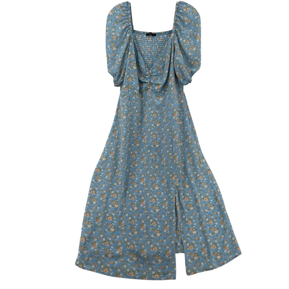 Esperus Floral Puff Sleeve Midi Dress Blue Smocked Back 1X Women HD3740X-FL8